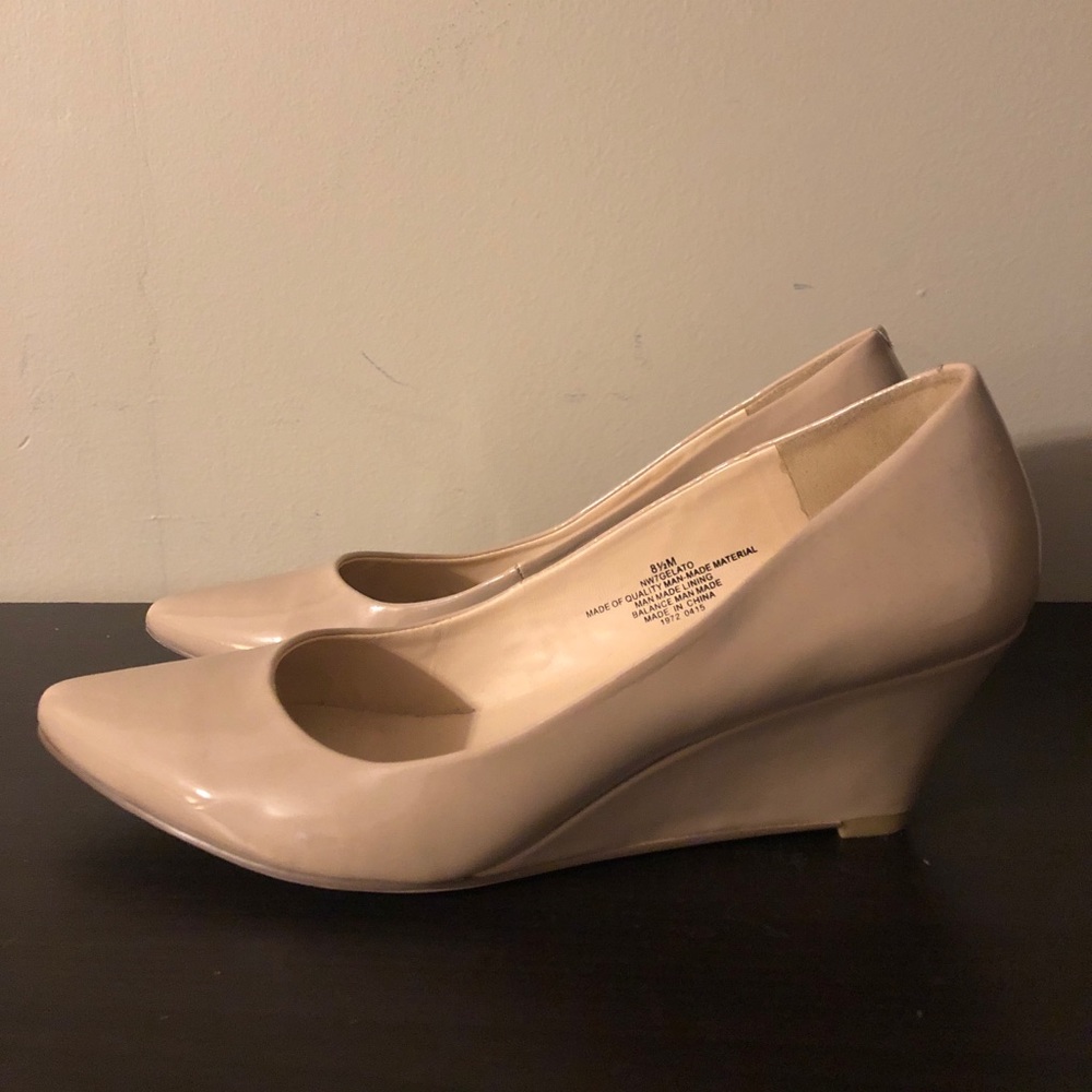 Nude patent leather Nine West wedges